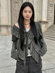 YCYC Korean Style Vintage Personalized Grey Ruffle Tie Versatile Casual Long Sleeve Cardigan Jacket - Grey - View 1
