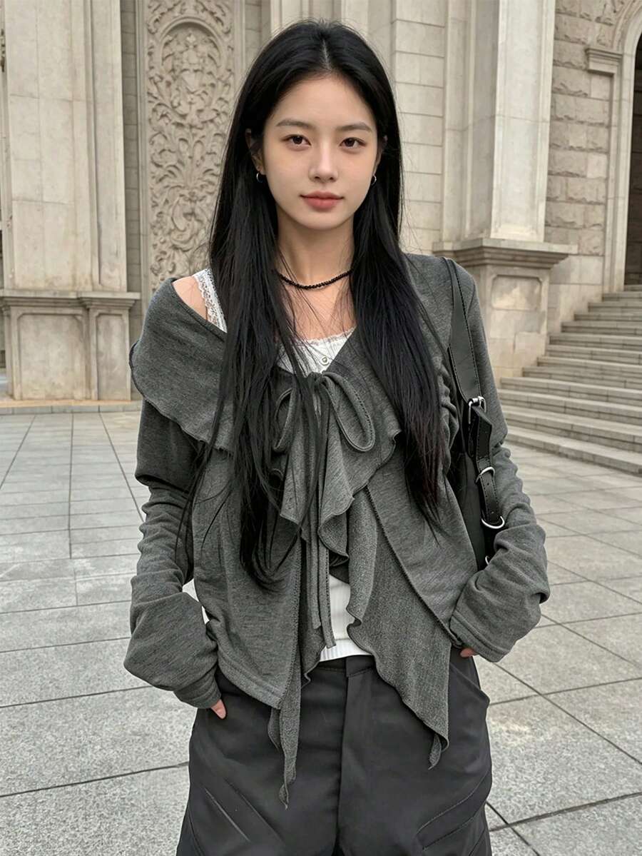 YCYC Korean Style Vintage Personalized Grey Ruffle Tie Versatile Casual Long Sleeve Cardigan Jacket - Grey - View 1
