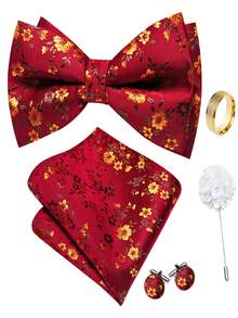 5Pcs Men Formal Bow Tie Set Red Tiny Floral Jacquard Pattern Pocket Square Cufflinks Ring Boutonniere Cufflinks Pattern Random - Red - View 1