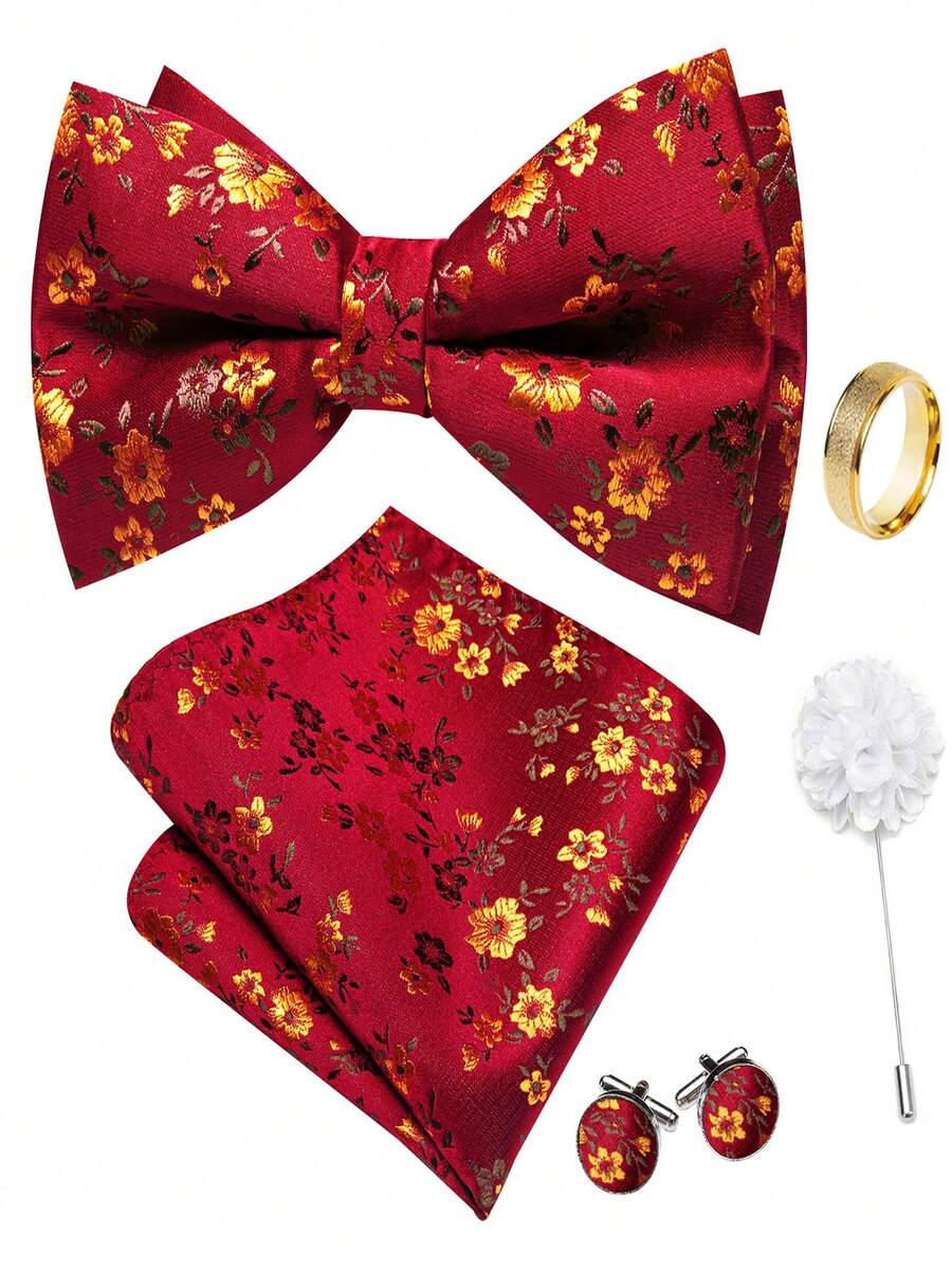 5Pcs Men Formal Bow Tie Set Red Tiny Floral Jacquard Pattern Pocket Square Cufflinks Ring Boutonniere Cufflinks Pattern Random - Red - View 1
