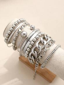 5/10pcs Fashion Minimalist Exaggerated Old Money Style Layered Vintage Design Chunky Chain & Beaded Bracelet Set For Women, Suitable For Vacation, Date, Party, Ball, Banquet, Holiday, Birthday Gift, Daily Wear - Silver - View 5