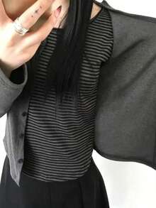 Korean Style Fashion 2-In-1 Striped Round Neck Slim Fit Top, Autumn Casual Versatile Long Sleeve Layering T-Shirt - Grey - View 2