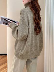 Alicedudu Women's Autumn/Winter Vintage Style Half-Button Loose Pullover Sweater - Khaki Gray - View 2