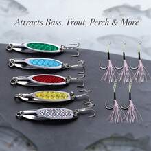 Metal Spoon Lure Set With Replacement Feather Treble Hooks, Laser Reflective Hard Spoon Lures, Long Distance Casting Lures For Bass, Trout, Freshwater And Saltwater Fishing - Multicolor - View 1