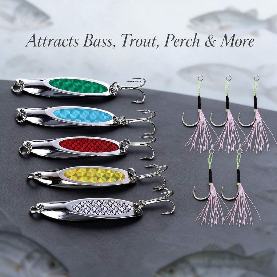 Metal Spoon Lure Set With Replacement Feather Treble Hooks, Laser Reflective Hard Spoon Lures, Long Distance Casting Lures For Bass, Trout, Freshwater And Saltwater Fishing - Multicolor - View 1