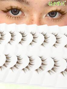 7 Pairs Brown Korean Style False Eyelashes, Segmented Fluffy Voluminous 3D Natural Invisible Transparent Band Manga Lashes - Brown - View 1