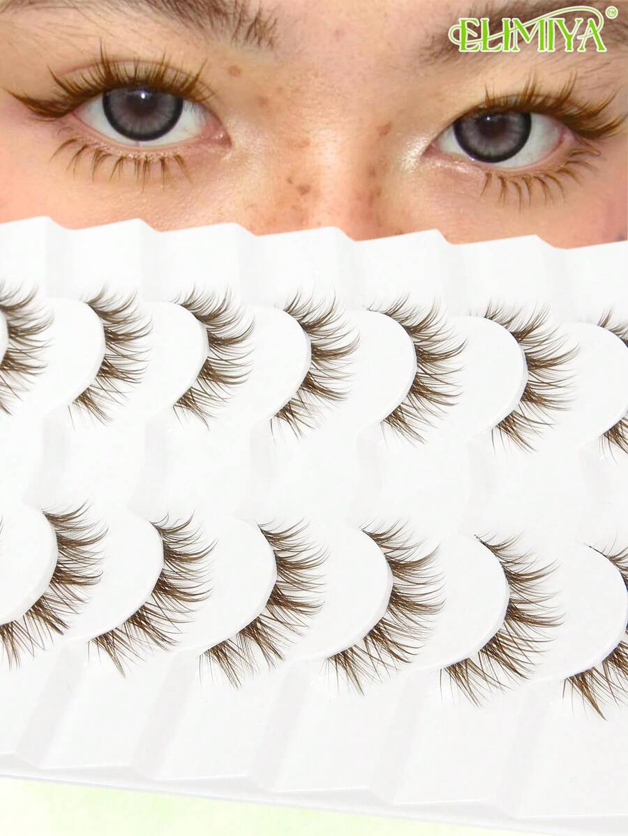 7 Pairs Brown Korean Style False Eyelashes, Segmented Fluffy Voluminous 3D Natural Invisible Transparent Band Manga Lashes - Brown - View 1