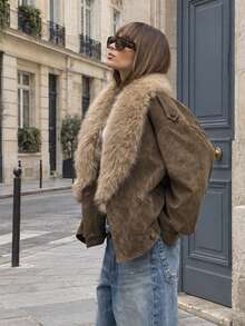 Winter Faux Fur Coat, Natural Women's High-Quality Genuine Leather Jacket With Oversized Faux Fur Collar, Luxury Style - Khaki - View 3