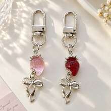 1pc/2pcs Women's New Strawberry Pendant, Double Strawberry Bow Pendant Alloy Keychain, Cute Bag Charm, Best Friend Wallet Accessory - Multicolor - View 4