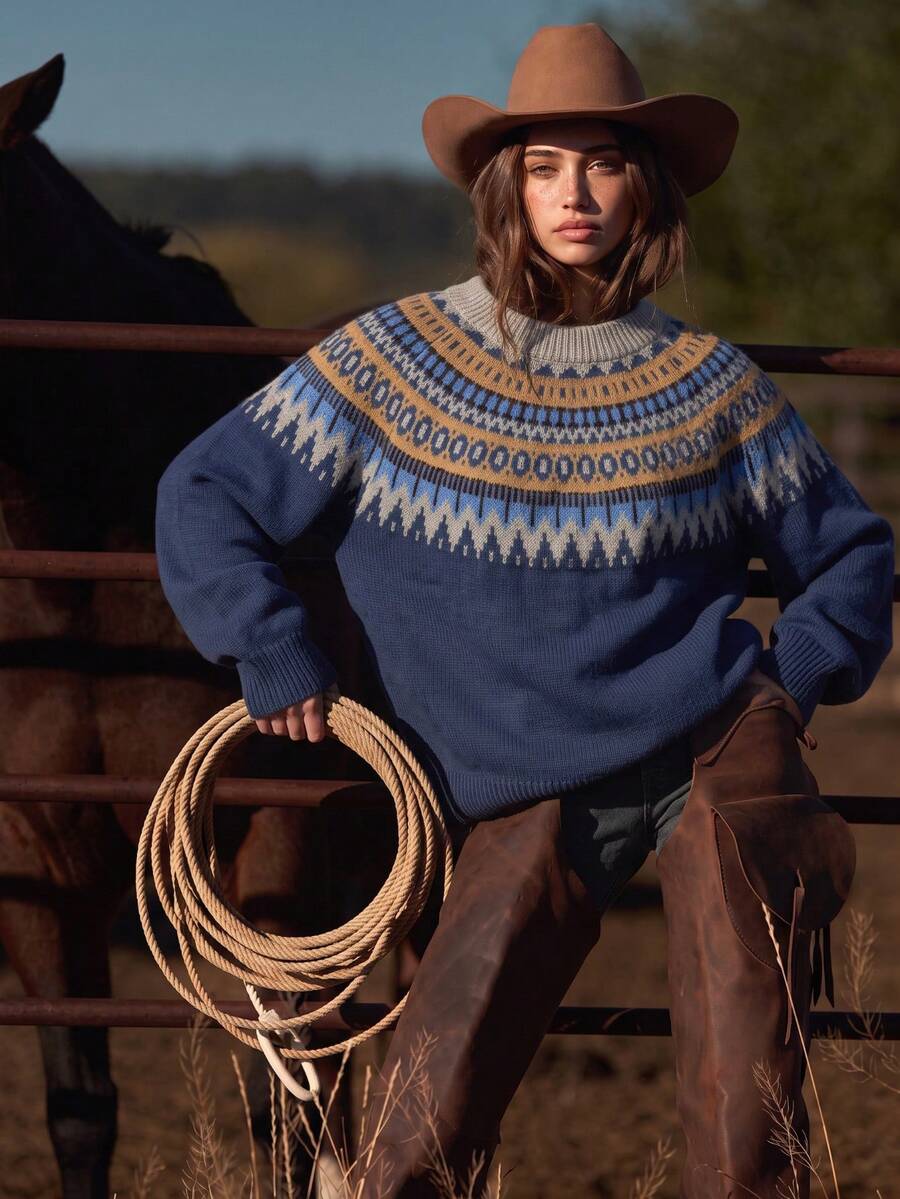 Western Boho Fair Isle Geometric Print Casual Sweater For Women, Autumn Outfit, Vacation Wear