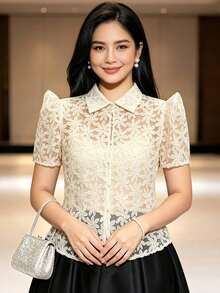 1件現代菲律賓風上衣，蝴蝶袖、鈕扣式鏤空短袖女款襯衫，適合度假假期 - 香檳色 - 查看 1