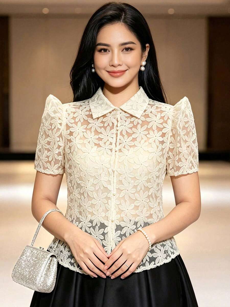 1件現代菲律賓風上衣,蝴蝶袖、鈕扣式鏤空短袖女款襯衫,適合度假假期 - 香檳色 - 查看 1