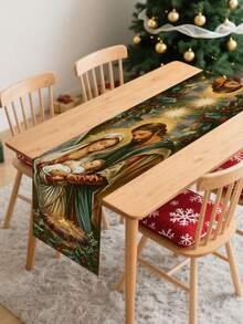 1PC Polyester Christmas Nativity Scene & Holly Berry Pattern Rectangular Table Runner, Religious Holiday Style 100% Polyester Table Runner With Vibrant Holy Family & Star Details, Wrinkle-Resistant & Easy To Wash - A - View 3