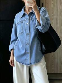 Women's Casual Loose Denim Shirt Jacket With Pockets - Medium Wash - View 5