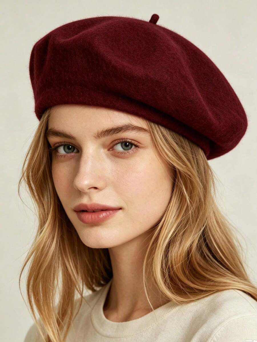 1pc Women's Solid Color Wool Felt Elegant Japanese Style Warm Beret Hat, Suitable For Daily Wear, Outings And Shopping In Autumn/Winter - Multicolor - View 1