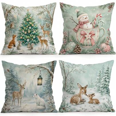 4pcs/1pc Icy Forest Animal Christmas Pattern Pillowcase Without Insert, Single Sided Printed Pillowcase, Suitable For Living Room Bedroom Home Decor, All Season Pillowcase