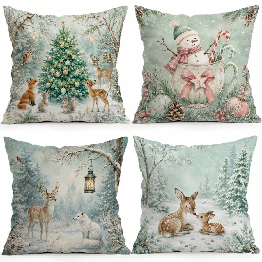 4pcs/1pc Icy Forest Animal Christmas Pattern Pillowcase Without Insert, Single Sided Printed Pillowcase, Suitable For Living Room Bedroom Home Decor, All Season Pillowcase - Multicolor - View 1