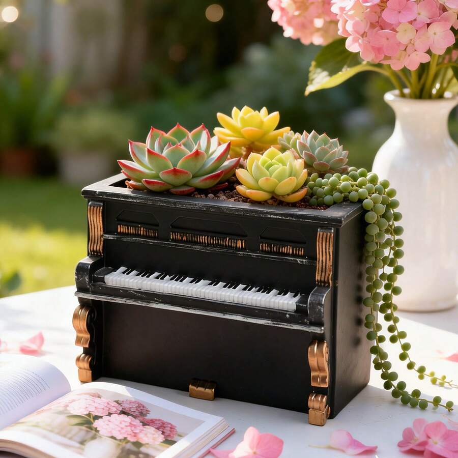 1 Buah Pot Tanaman Berbentuk Piano Vintage Timbul 3D, Cocok untuk Sukulen, Tanaman Merambat Gantung, Pajangan Meja, Pot Bunga Dekorasi Berkebun Artistik dan Kreatif - Pot Bunga Piano - View 1