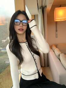 Elegant Round Neck Knit Cardigan Women Colorblock Design Fitted Long Sleeve Top - White - View 3