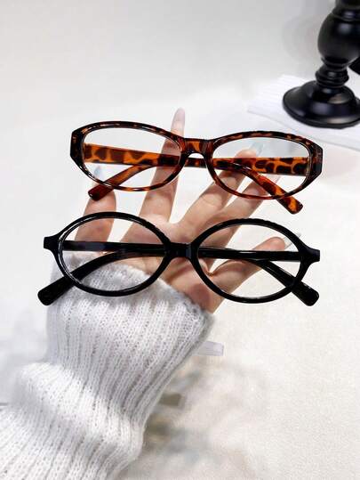 2pcs Women's Oval Frame Vintage Decorative Non-Prescription Glasses