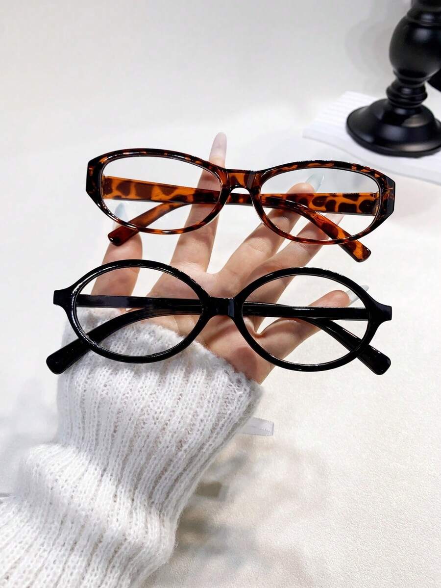 2pcs Women's Oval Frame Vintage Decorative Non-Prescription Glasses - Medium Box HL8852 Tofu PF8455 Black and White Flat 2 Pairs - View 1