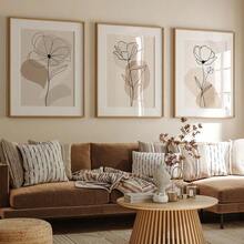 3Pcs Abstract Line Flower Canvas Wall Art, Neutral Beige Botanical One Line Art Prints, Minimalist Boho Floral Poster For Living Room, Bedroom, Kitchen, Home Decoration, Posters & Prints, Frameless - 427 - View 2