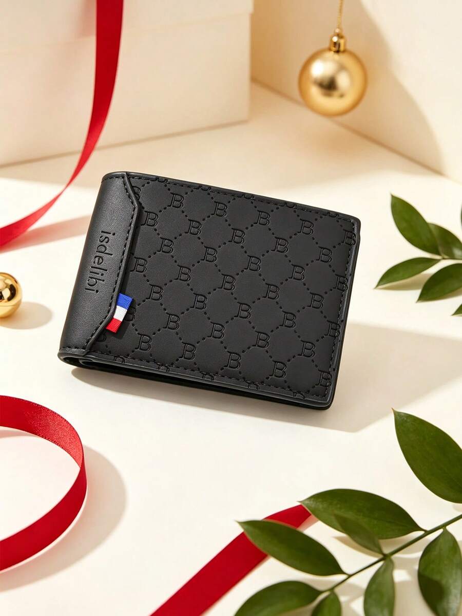 1pc Black Embossed Men's Short Wallet, Durable PU Leather, Multi-Card Slot Card Holder, Slim Business Casual Wallet, Daily Commute, Travel, Birthday Gift, Father's Day Gift - Black - View 1