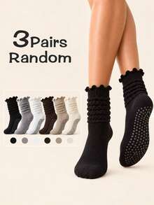 1/3/6 Pairs Random Styles Women's Slouch Pilates Grip Socks, Cable Knit Non-Slip Scrunch Crew Socks For Yoga, Barre & Home - Multicolor - View 6