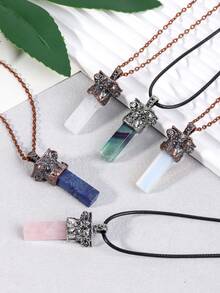 1pc Men's Natural Stone Sheep Head Necklace Reiki Rectangle Pendant Healing Fluorite Amethyst Tiger Eye Obsidian Crystal Necklaces H956 - Necklace - View 3