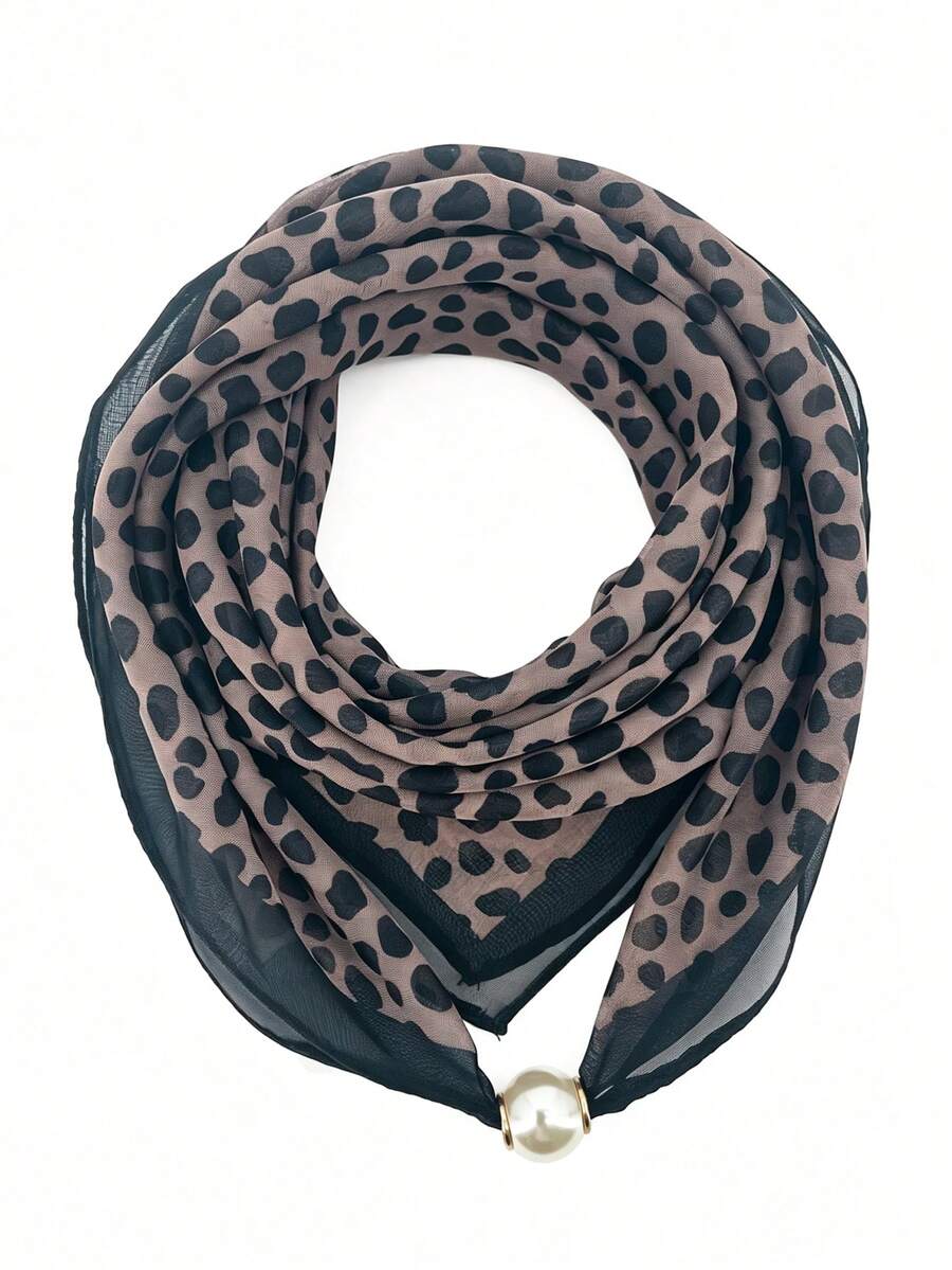 1pc Animal Leopard Print Polyester Fiber Scarf, Soft Ultra-Thin All-Season Decorative Style, Multiple Leopard Print Colors Available, Faux Pearl Magnetic Buckle - Multicolor - View 1