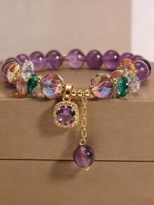 A Purple Natural Bracelet That Relieves Anxiety, Decorated With Cube Ornaments, Fashionable Jewelry In Purple And And Gold Tones - Multicolor - View 2