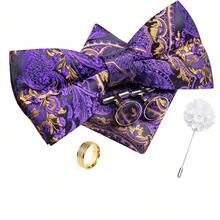 5Pcs Men Formal Bow Tie Set, Purple Tropical Plant Jacquard Pattern Pocket Square Cufflinks Ring Boutonniere, Cufflinks Pattern Random - Purple - View 2