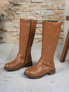 Fall/Winter 2025 Simple Fashion Women Over-The-Knee Boots, Anti-Slip Comfortable Versatile Square Buckle Decor British Style Plus Size Riding Boots,Western Boots - Yellow - View 9