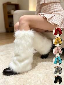 Fuzzy Faux Fur Leg Warmers, Y2K Fluffy Knee High Leg Covers, Soft Plush Long Boot Socks For Halloween Cosplay Winter Party Outfit, 7Colors Available - Multicolor - View 1