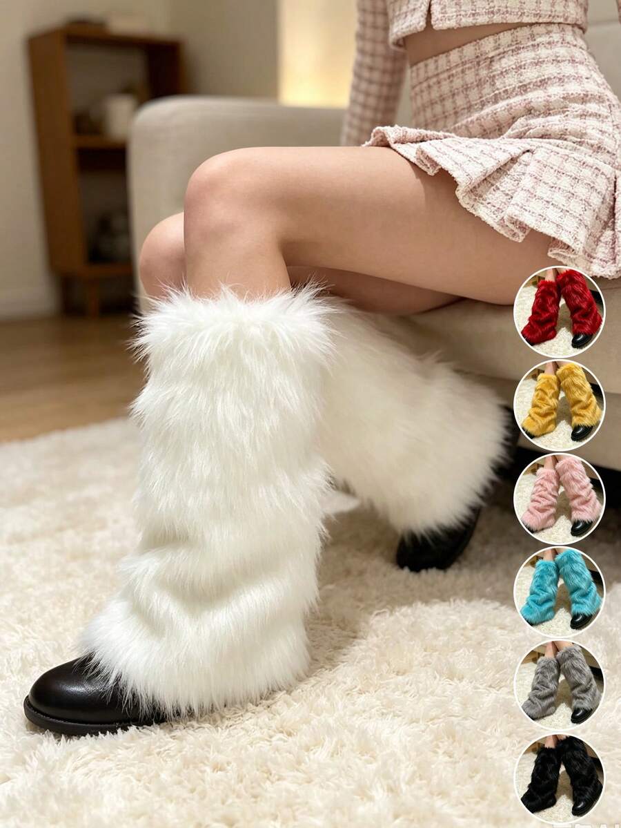 Fuzzy Faux Fur Leg Warmers, Y2K Fluffy Knee High Leg Covers, Soft Plush Long Boot Socks For Halloween Cosplay Winter Party Outfit, 7Colors Available - Multicolor - View 1
