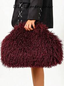 Fluffy Long Fur Handbag, Full Round Silhouette, Minimalist Handle Design, Ample Storage Space, Eye-Catching Style With Strong Atmosphere, Suitable For Parties And Outings, Create Personalized Vintage Atmosphere Outfit, Item Easily Create Eye-Catching Look - Red - View 1