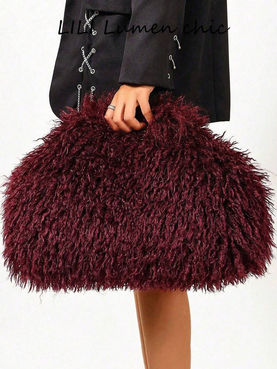 Fluffy Long Fur Handbag, Full Round Silhouette, Minimalist Handle Design, Ample Storage Space, Eye-Catching Style With Strong Atmosphere, Suitable For Parties And Outings, Create Personalized Vintage Atmosphere Outfit, Item Easily Create Eye-Catching Look - Red - View 1