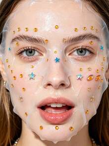 2pcs Star Face Rhinestone Sticker Set, Self-Adhesive Facial & Body Water Diamonds, Rainbow Blue Mixed Color Stars + Pure Gold Star Eye Makeup Glitter, Suitable For Electronic Music Festival, Halloween Party Cosplay - Multicolor - View 3
