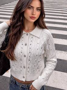 Vuslat Women's Autumn/Winter French Style Warm Thermal Lined Rhinestone Button Polo Collar Sweater For Afternoon Tea, Commuting, Dating, Gathering, Christmas Party, Halloween - White - View 2