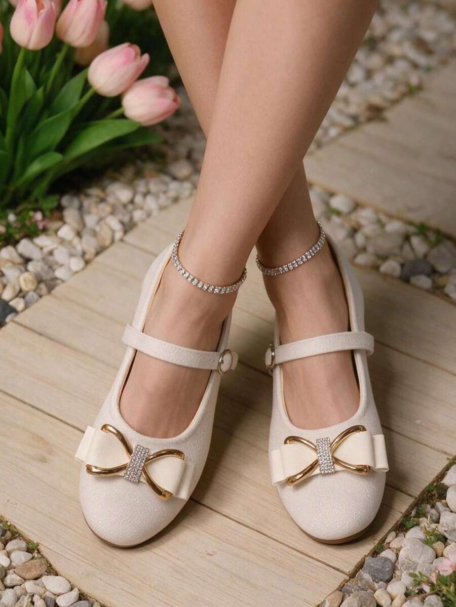 Women's Round Toe Rhinestone Bow Strap Flat Shoes, Sweet Elegant Casual Daily Ballet Flats - White - View 1