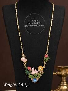 Fashionable Royal Style Green Diamond Inlaid Garden Swan And Enamel Floral Necklace Or Earrings For Women, Wedding, Party, Everyday Wear, Gift - Necklace - View 2