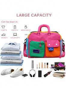 [Travel Duffel Bag] Large Capacity Expandable Stylish Color Block Travel Duffel Bag - Adjustable Shoulder Strap - Women's Weekend Overnight Tote Bag - Perfect For Short Trips, Gym, Outdoor Activities & Everyday Use - Multicolor - View 8