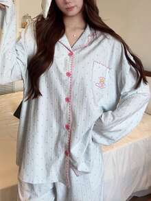 Gongdie 2 Pieces Miffy Women's Pajama Set,Fall Blue Textured Cotton Loungewear With Pink Trim And Pocket - Baby Blue - View 9
