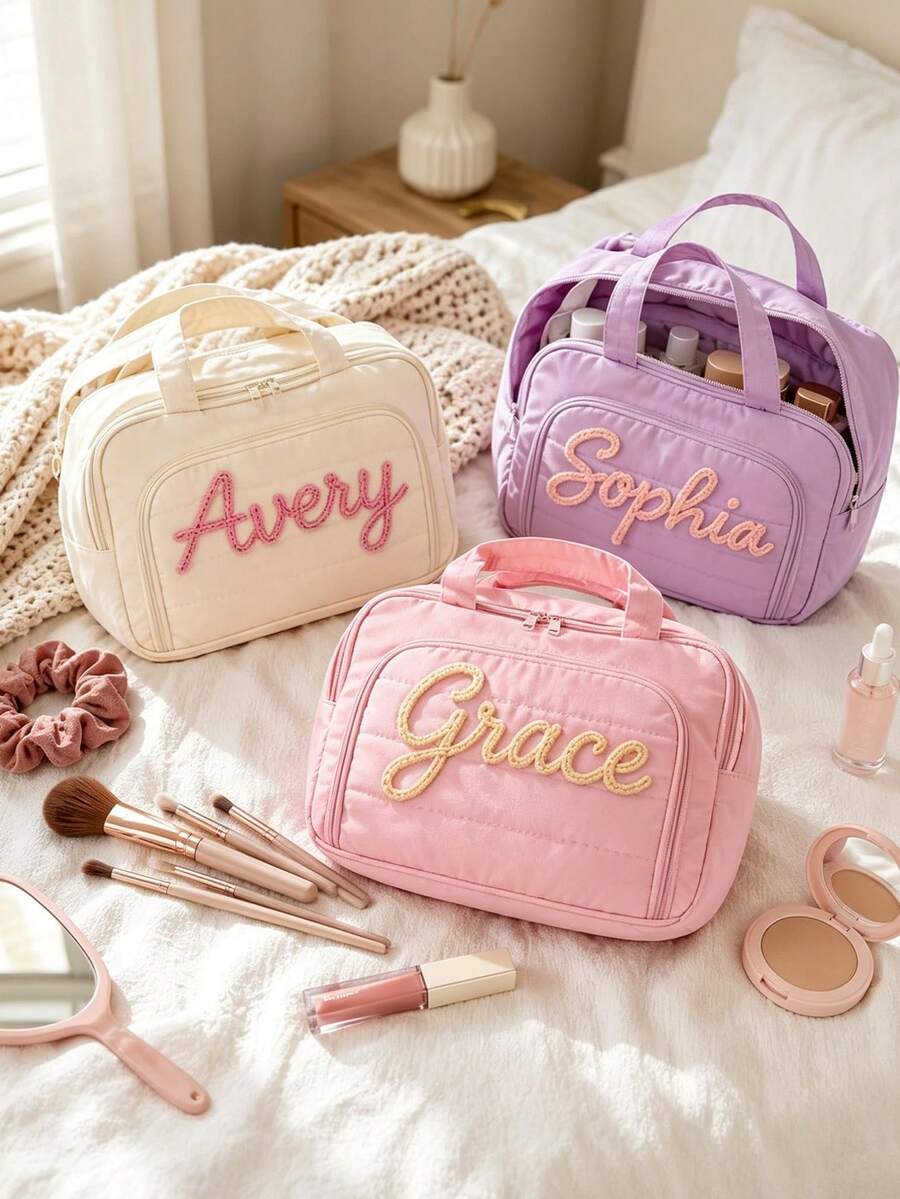1pc Personalized Name Pink Blue Makeup Bag Bridesmaid Makeup Storage Pouch Glitter Bride Party Wedding Favor Proposal Gift - Multicolor - View 1
