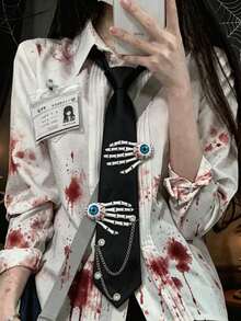 1pc Gothic Halloween Red Necktie With Skeleton Hand & Eyeball Decor, Metal Chain Punk Cosplay Tie - Multicolor - View 10
