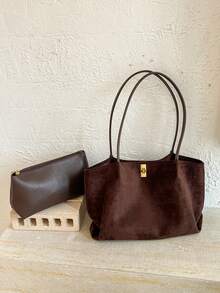 1pc Deep Coffee Color Mother-Daughter Bag Metal Lock Large Capacity Shoulder Bag Lock Closure Minimalist Retro Tote Bag Autumn Winter Office Commute Women's Handbag - A - View 9