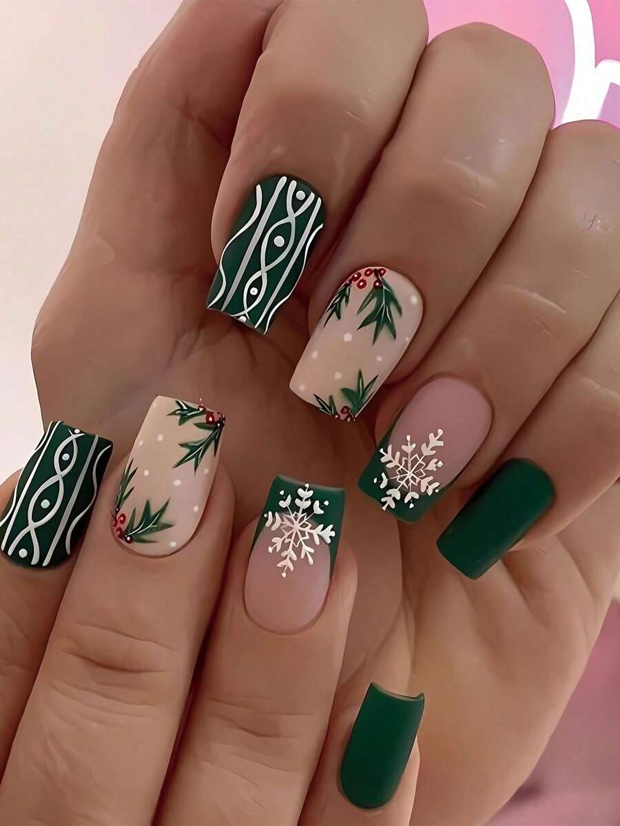 24pcs Medium Square False Nails, Christmas Snowflake Striped Matte Press-On Nails, Full Coverage Removable Nail Set, Perfect For Ladies' Parties, Dances, And Everyday Wear - Army Green - View 1