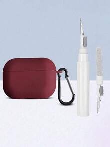 2合1耳機配件組，柔軟TPU保護殼附登山扣＋多功能清潔刷筆，適用於AirPods - 酒紅色+清潔筆 - 查看 1