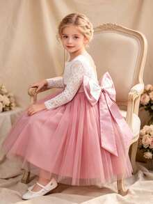 Young Girl Long Sleeve Lace Contrast Mesh Detachable Big Bow Flower Girl Wedding Party Evening Gown - Rusty Rose - View 5