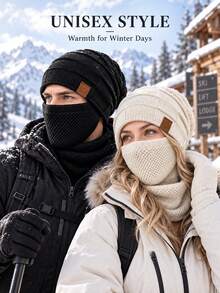 Set Topi dan Masker Wajah Musim Dingin Anti Dingin 2 Potong Unisex – Penutup Tali Serut Elastis, Ringan dan Hangat; Cocok untuk Bersepeda, Ski, dan Olahraga Luar Ruangan; Topi Warna Polos, Topi Musim Dingin Hangat dengan Lapisan Anti Angin dan Penghangat Telinga. - MultiWarna - View 1